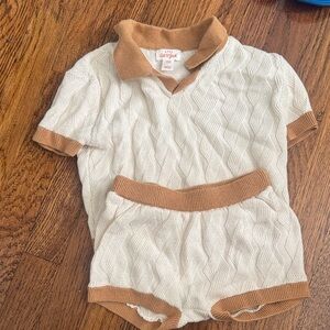 Spring size 12m Cat & Jack Cream Knit Polo and Short Set with Tan Trim